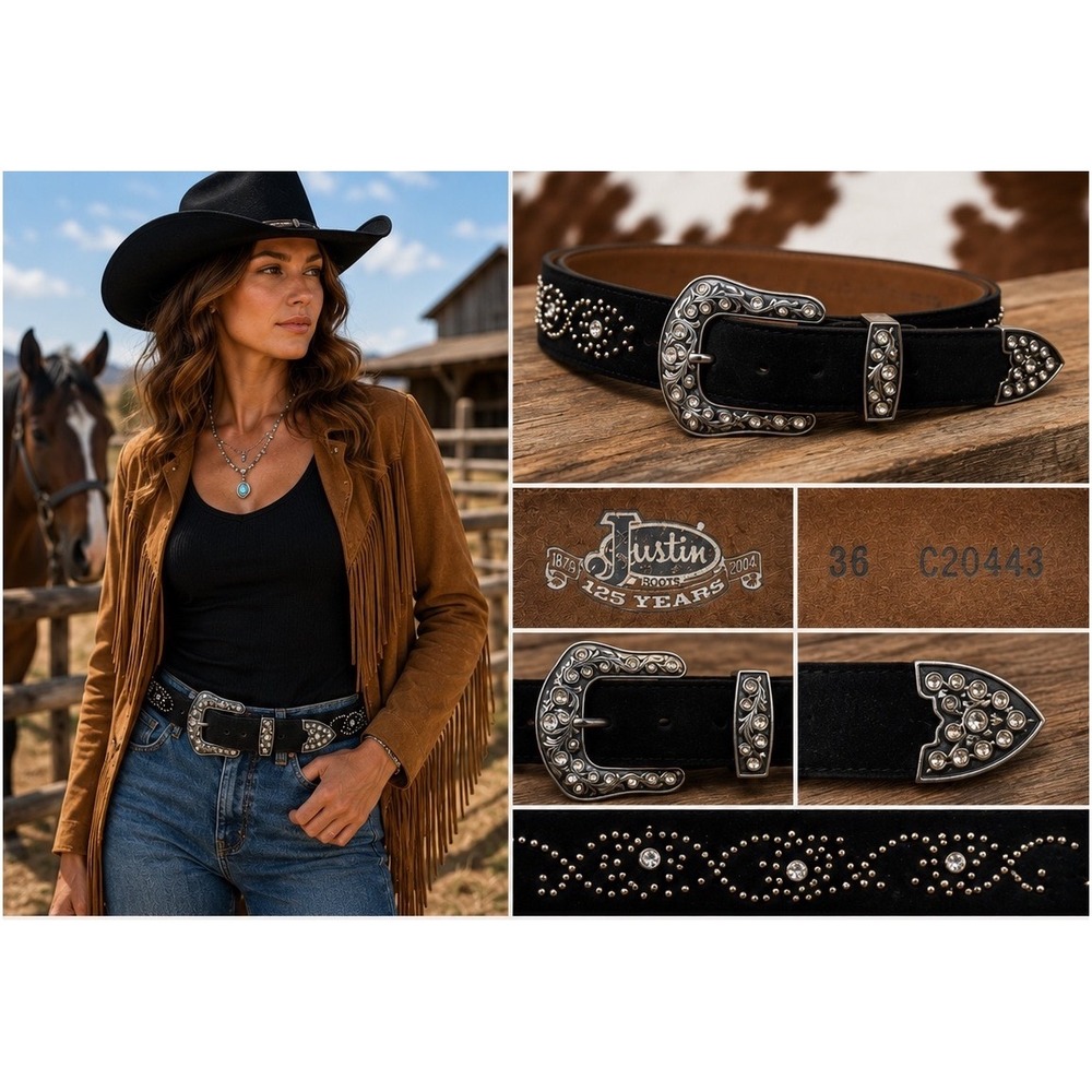 Justin Boots Western Belt Womens 36 Black Suede Rhinestone Studded Rodeo Cowgirl